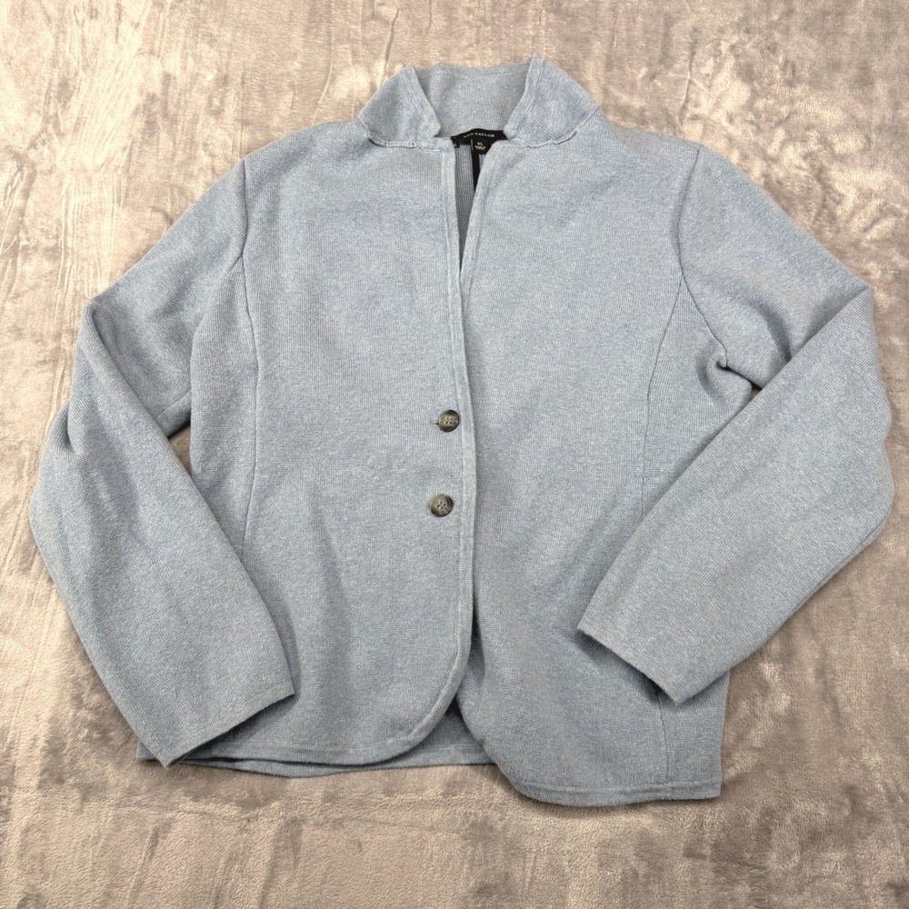 Ann Taylor Cardigan Womens XL Light Blue Knit Blazer Mock Neck 2-Button 361175